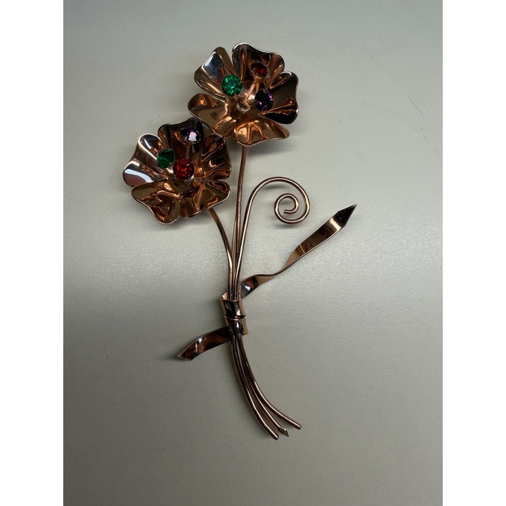 Vintage 1940s Coro Sterling Craft 4" Flower Spray Brooch Pin Gold Vermeil Retro